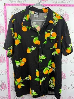 SPECIAL THANKS shirt Tropical Orange Print Short-Sleeve Button-Down Shirt Black